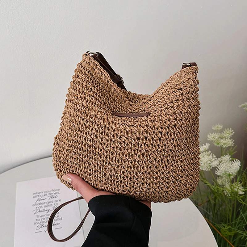 Fashion Straw Casual Crossbody Bag For Women Girls Versatile Beach Holiday Handmade Woven Shoulder Handbag Crossbody Bag