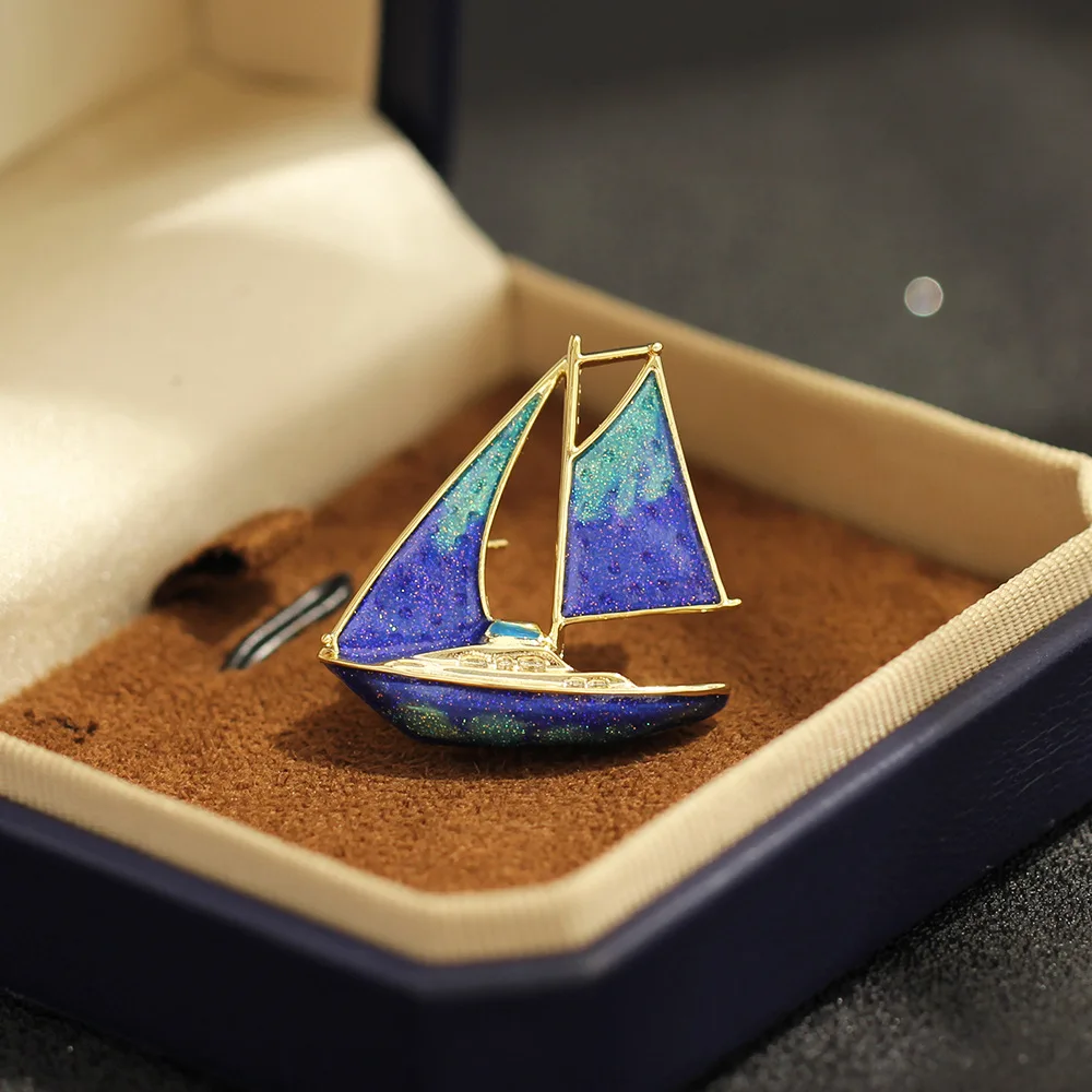 New Personalized Classic Versatile Blue Drip Oil Sailing Brooch Smooth Sailing Graduation Gift for Classmates and Friends