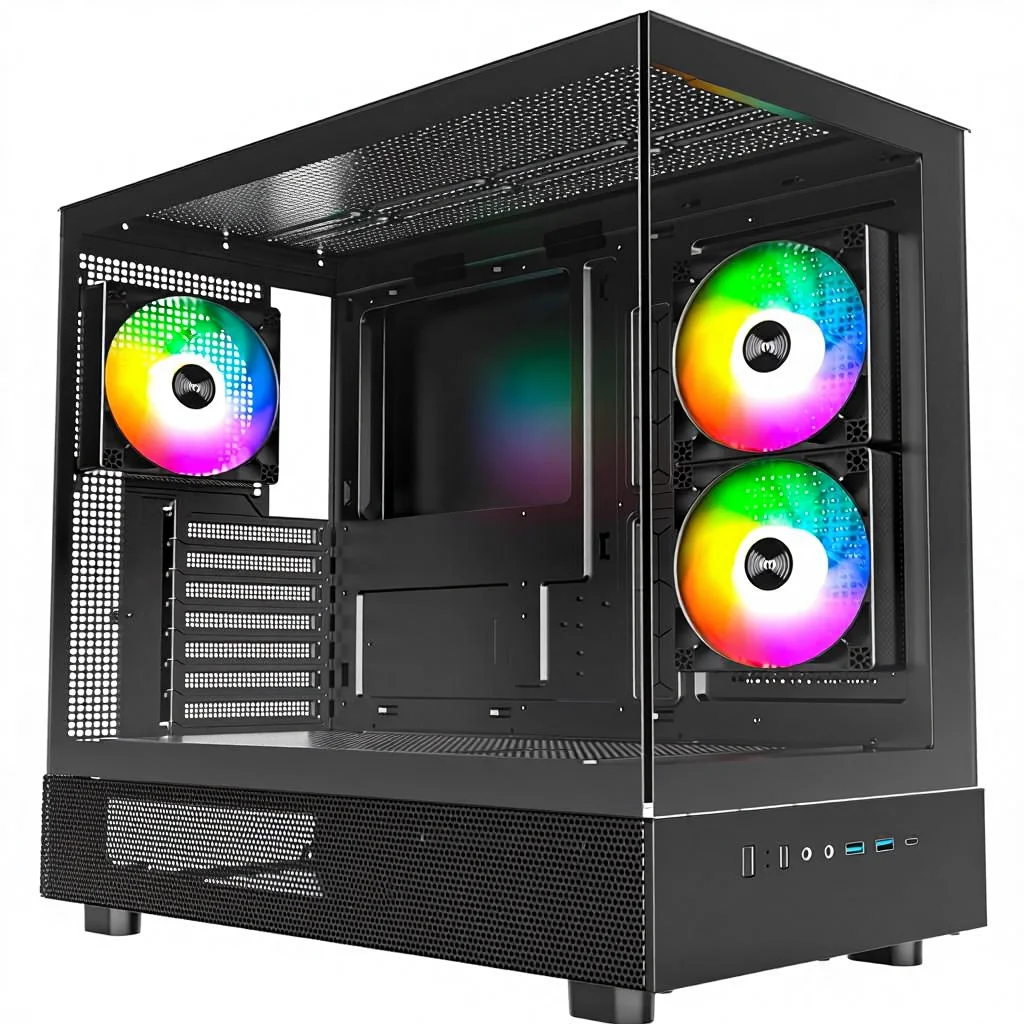 Boîtier PC Gaming XR‑B ATX Mid‑Tower, 3 ventilateurs ARGB PWM de 120 mm, aspect bois, vitre en verre trempé panoramique, compatible avec les GPU de la série 4090