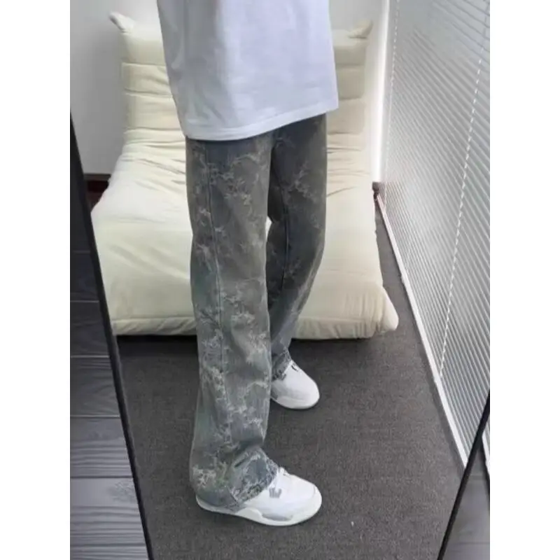 

Мужские джинсы с цветочной вышивкой American High Street Vibe, прямые брюки свободного покроя, повседневные брюки, весна-лето, модные джинсы с талией