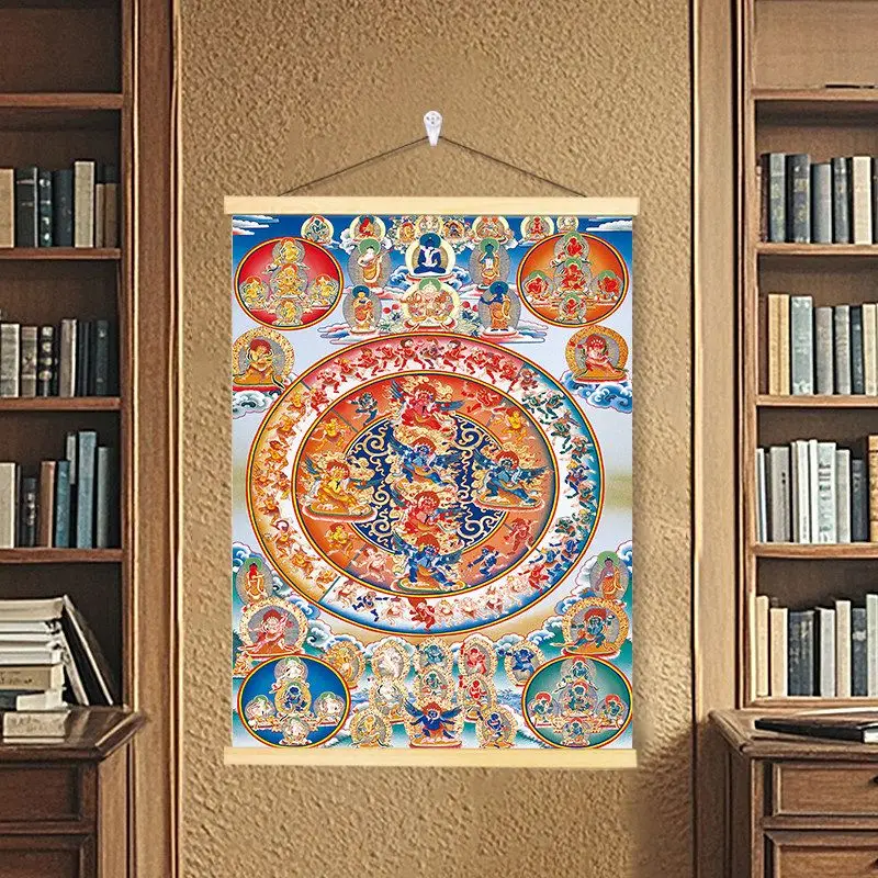 VIKAMA Tibetan Mandala Thangka Wooden Hanger Tapestry Buddhist Sacred Religious Art Wall Hanging Yoga Meditation Room Wall Decor