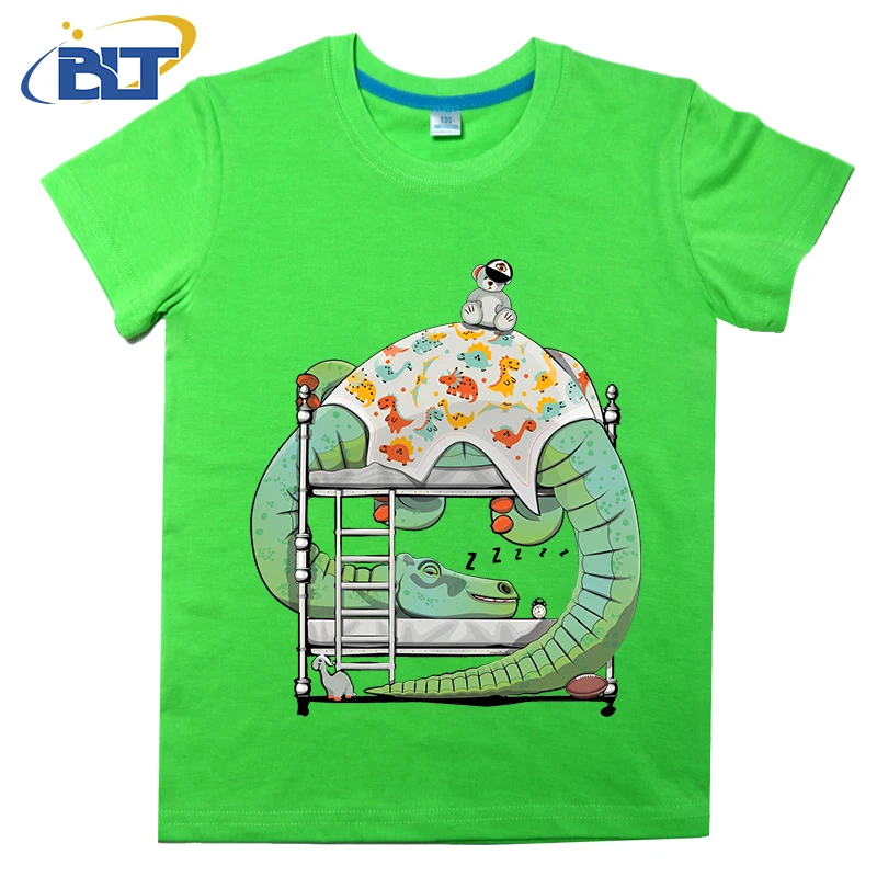 Cute Dinosaur Brachiosaurus Asleep in Bed Bedtime Bedroom Printed kids Tshirt Summer children's cotton short-sleeved casual tops