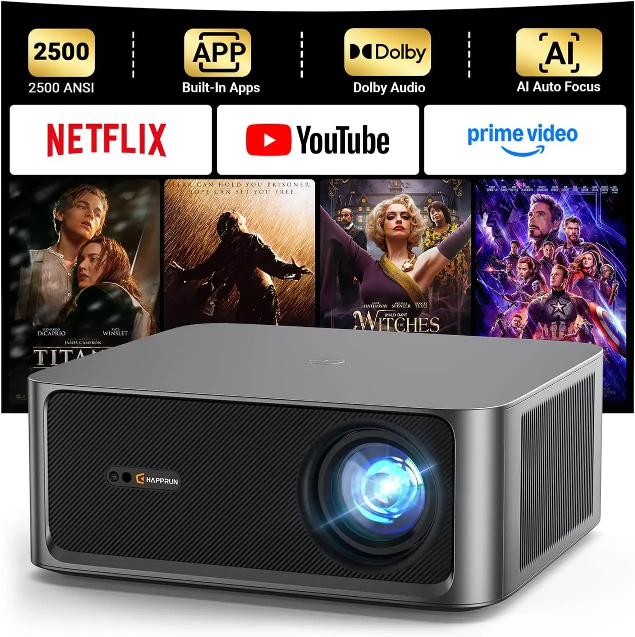 HAPPRUN 2500 ANSI Lumens Outdoor Projector with Built-in Streaming Apps, 4K Decoding Resolution, Dolby Audio, WiFi 6 and