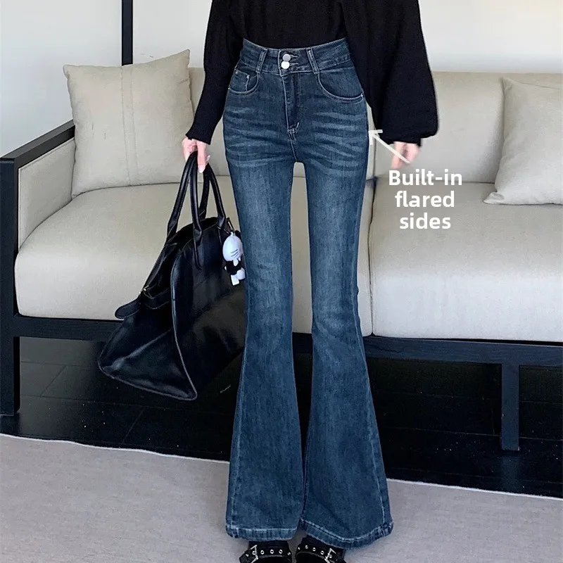 

Korean Style High Waist Bell Bottom Jeans Elastic Slimming Versatile Denim Micro Flared Long Trousers Autumn Winter New Arrival