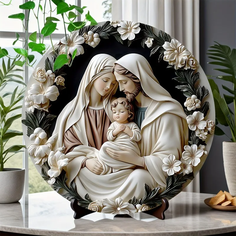 Holy Family Aluminum Round Wall Art, Inch Religious Home Decor, 3D Relief Sculpture, Versatile for Living Room, Bedroom, Cafe