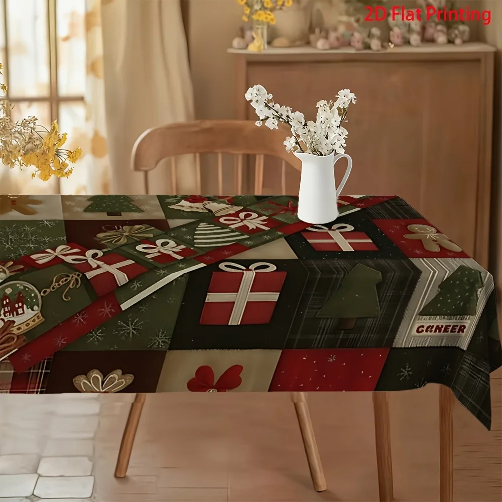 1pc Tablecloth, High-End Versatile Spring Main Element, Christmas Gift Box, Snowflakes, Gingerbread Man, Snow Scene Ball And MER