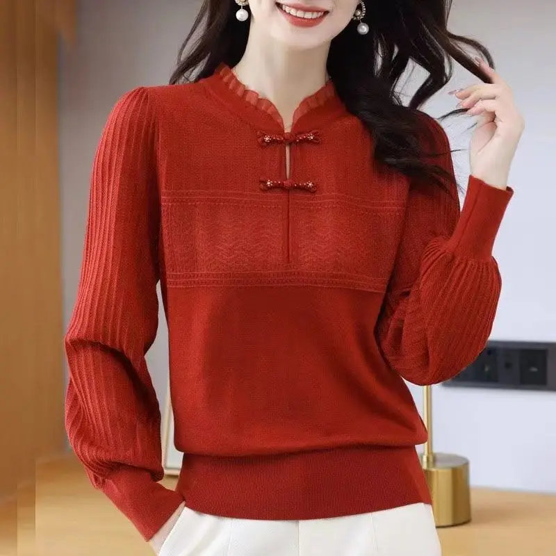 2023 Autumn and Winter Women\'s New Qipao Collar Sweater Temperament Round Neck Knitwear Retro Western Style Knitwear Top