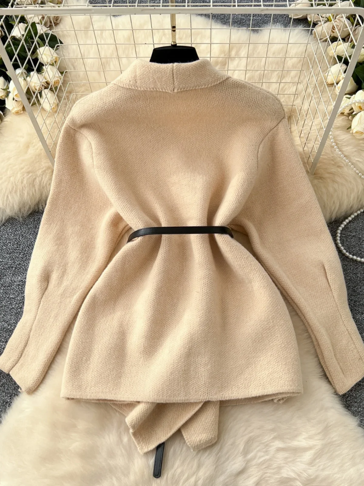 Women Elegant Sweater Cardigan Autumn Winter Lazy Style Lapel Shawl Top Female Vintage Knitted Sweaters with Belt