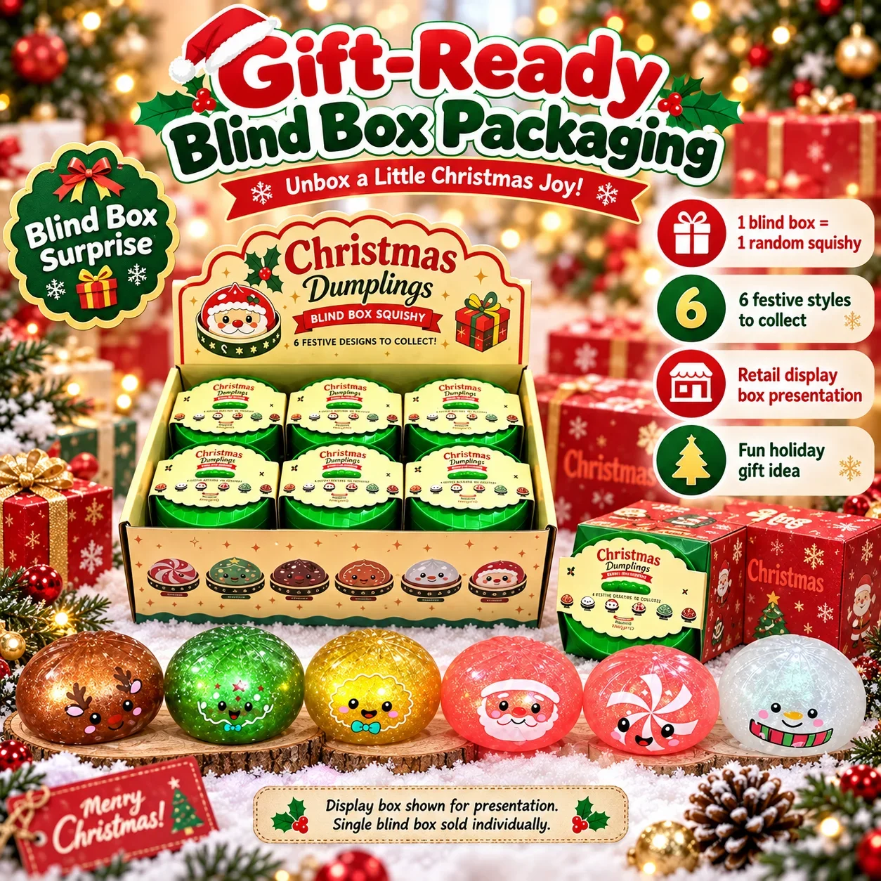 1-5PCS TPR Christmas Dumpling Squishy Mystery Blind Box Slow Rebound Squeeze Fidget Sensory Stress Relief Holiday Gift Set
