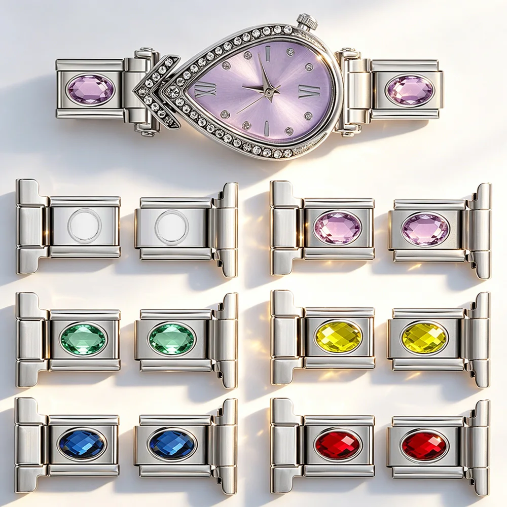 Fashion Silver Color Watch Strap Connector Oval Colorful Zirconia Italian Charm Link Fit 9mm Stainless Steel Jewelry Making DIY