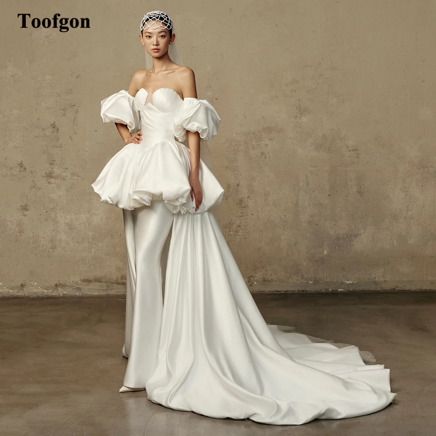 

Toofan индивидуальная съемная юбка атласные свадебные платья с короткими рукавами и длинным шлейфом свадебные платья для невесты вечернее платье
