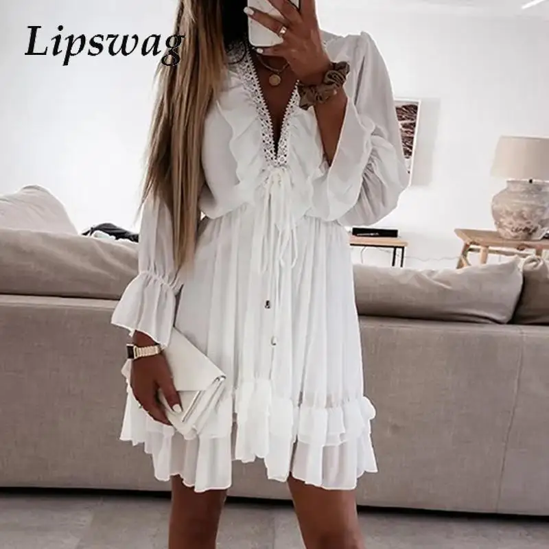 Women Elegant Drawstring Waisted Office Dress Embroidery Retro Edge Lace Dresses New Autumn Deep V-neck Chiffon Party Dress