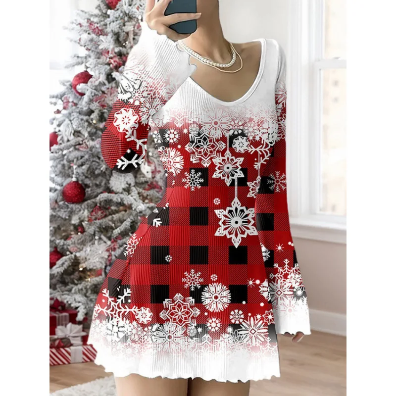 Automne noël imprimé trompette à manches longues col en v femmes robe mode tricoté Pit Strip Slim Fit femme noël t-shirt robe
