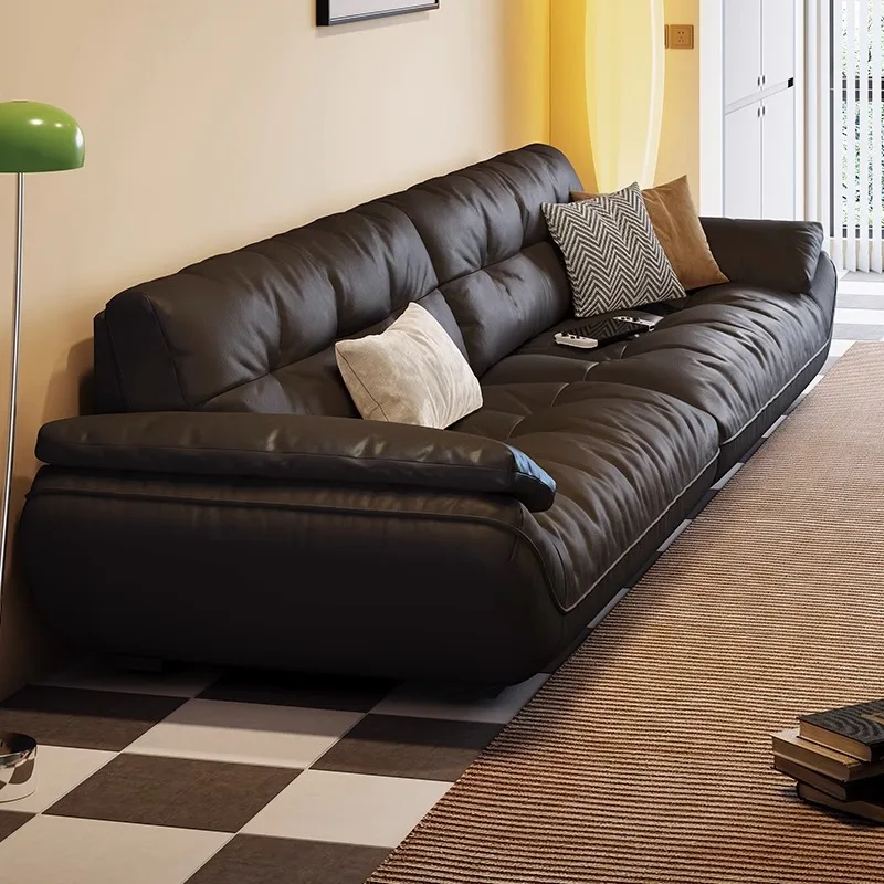 Cloud leather sofa French retro designer three-person sofa living room small apartment minimalist straight row sailing wood
