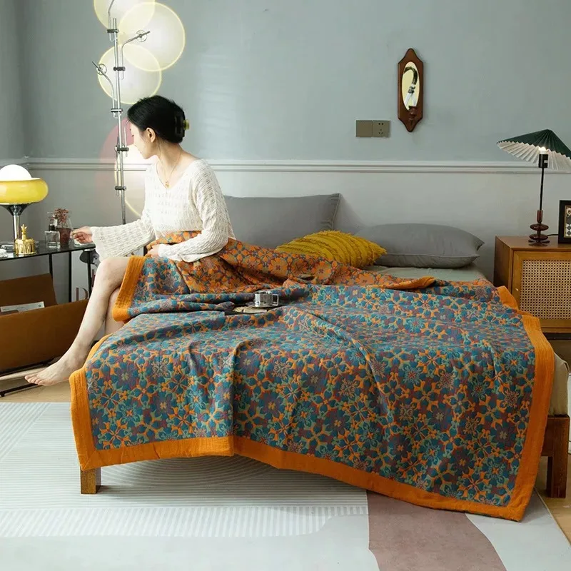 Lightweight Cotton Gauze Blanket 200x230cm Ethnic Decorative Bedspread Double Quilt King Size Comforter for Bedroom