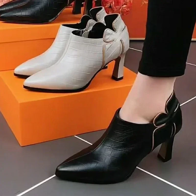 Fashion Plus Size 43 High Heels Women Comfort Pointed Black Women\'s Shoes Retro Slide Zipper Pumps Zapatos De Mujer