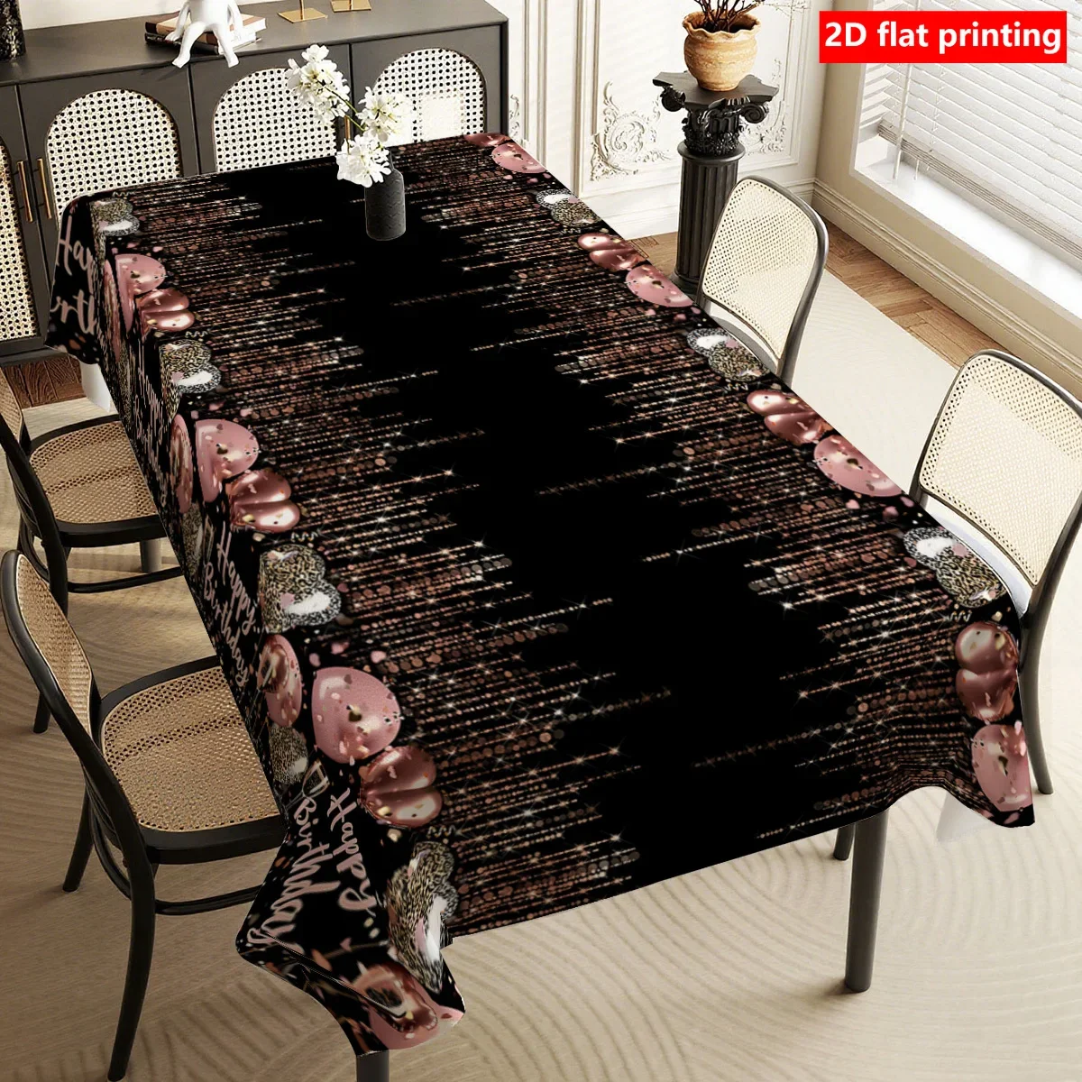 2D flat 1 piece, black and gold pink theme birthday celebration tablecloth, with 