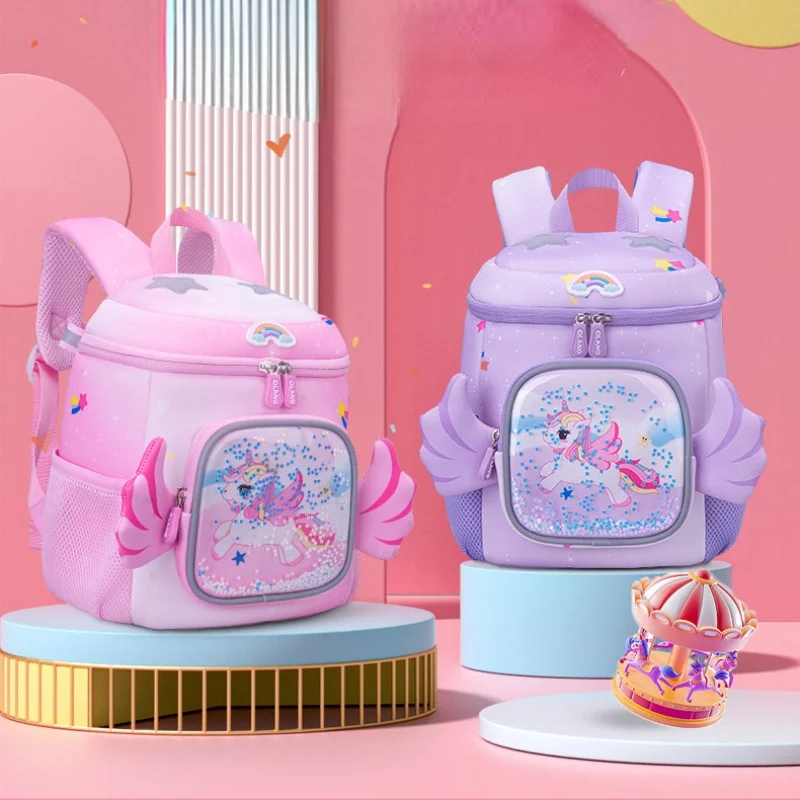 Crianças unicórnio arco-íris dos desenhos animados pequenos mochilas com asas nova menina princesa doce crianças estudantes moda balde schoolbags