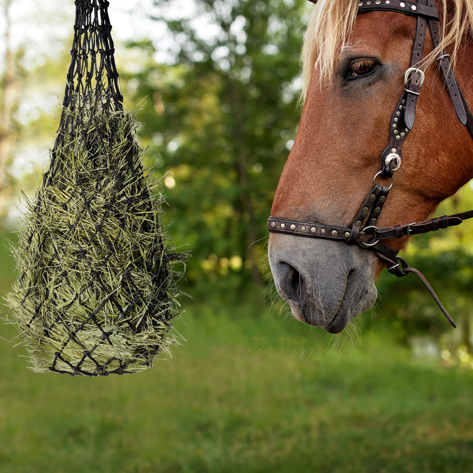 حقيبة تغذية بطيئة ذات سعة كبيرة مصنوعة من النايلون القوي وخفيفة الوزن وتصميم مدمج لشبكة تغذية الحصان للمراعي المستقرة #4