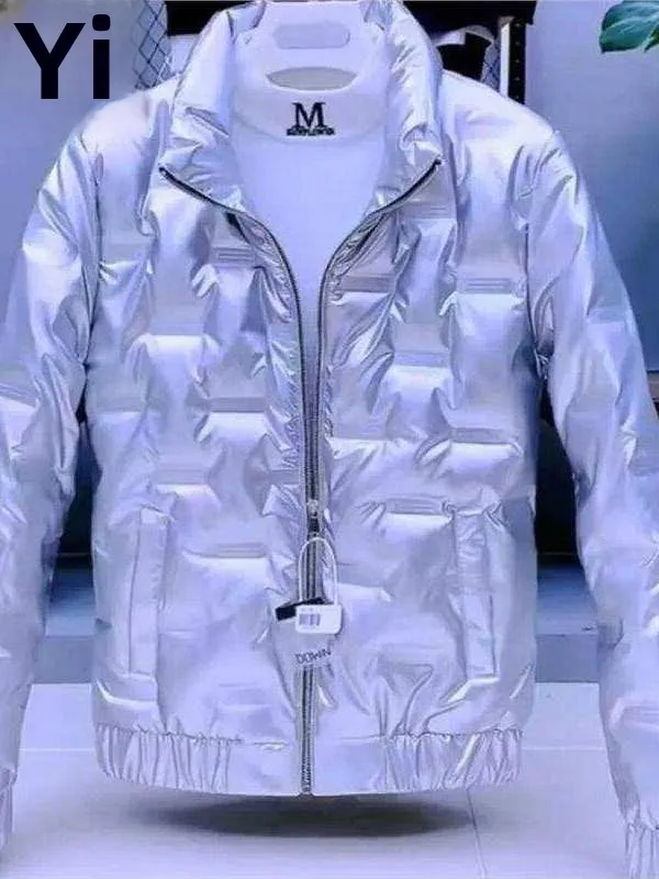 

Trendy Men's down Cotton Jacket Stand Collar Slim Fit Bright Leather Silver Color Short Style Neutral Wind for Autumn Season