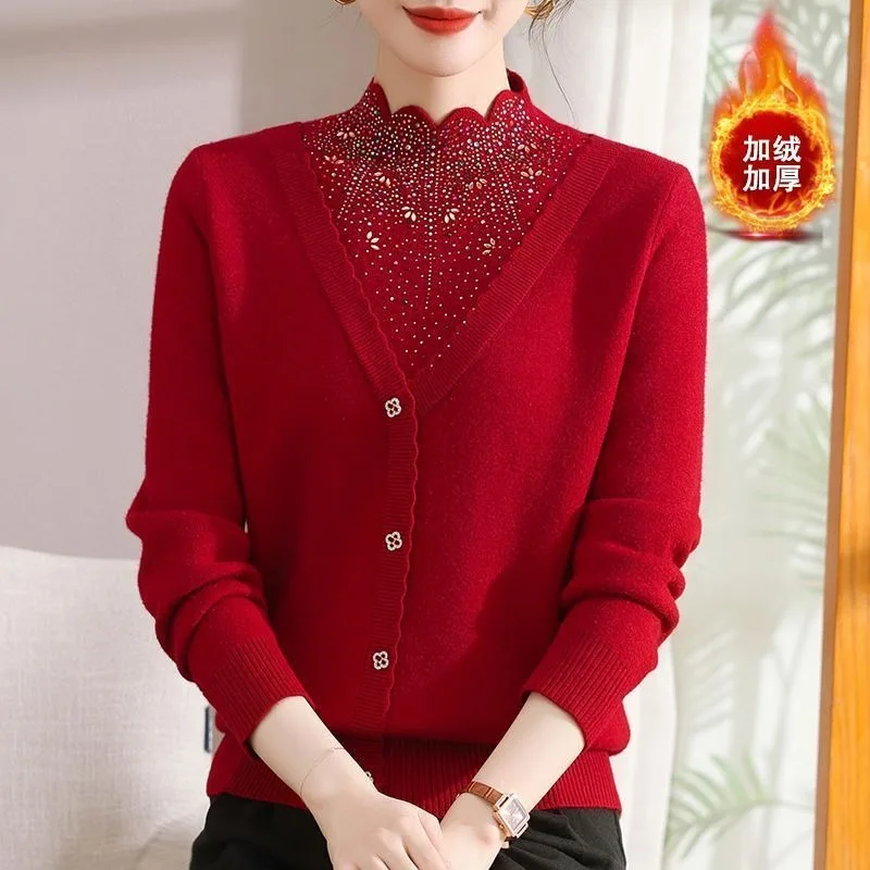 Women Autumn Winter Fleece Lined Fake Two Piece Knit Sweater Loose Warm Rhinestone Basic Top