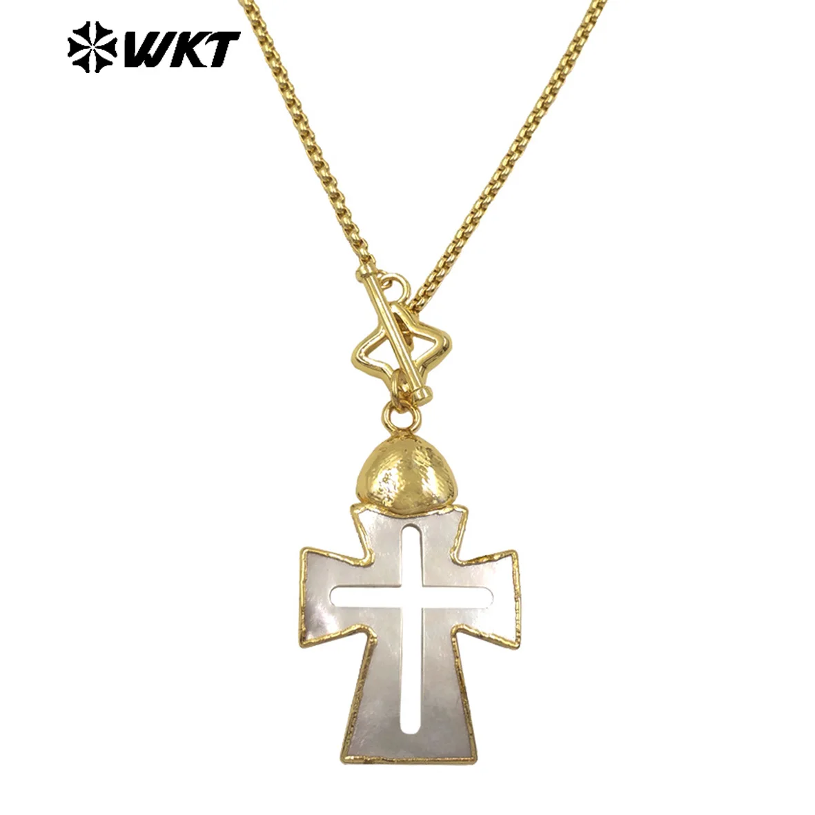 

WT-JN353 Креативная позолоченная цепочка со звездной застежкой и натуральным крестом-ракушкой, полое ожерелье для женщин, винтажный подарок