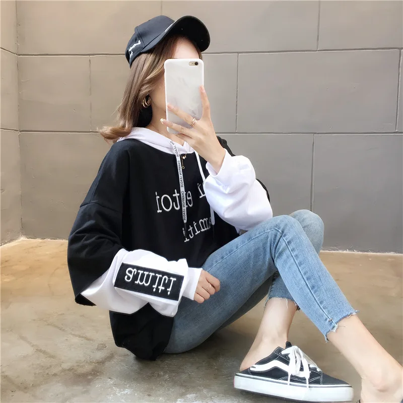 ZOUXO Hoodies Women 2022 Spring Autumn Paneled Long Sleeves Thin Hoodies Korean Style Loose Embroidered Top
