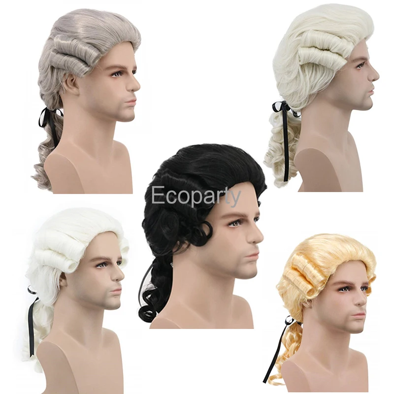 

Grey White Black Lawyer Judge Baroque Curly Male Men Costume Wigs Deluxe Historical Long Synthetic Cosplay Long Wig Rock
