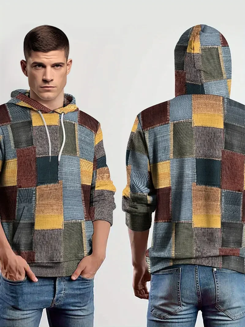 Retro Spliced Make Old Lattice Hoodie Men 3D Print Long Sleeves Spring Autumn Casual Hoodies Oversized Sweatshirts Pullover Tops