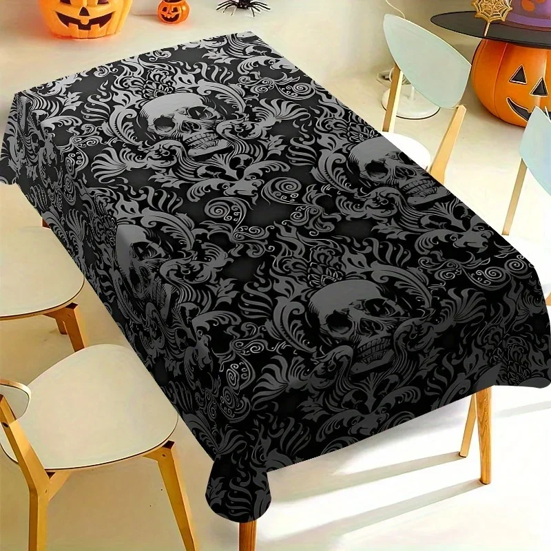 One Halloween tablecloth, featuring a classic and luxurious black background with terrifying skulls and pattern designs.xzj
