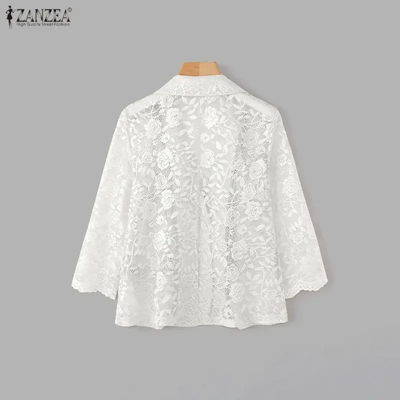 Fashion ZANZEA Lace Blazer Summer Spring 3/4 Sleeve Women Blazer OL Work Tops See-through Blazer Oversize Party Suits