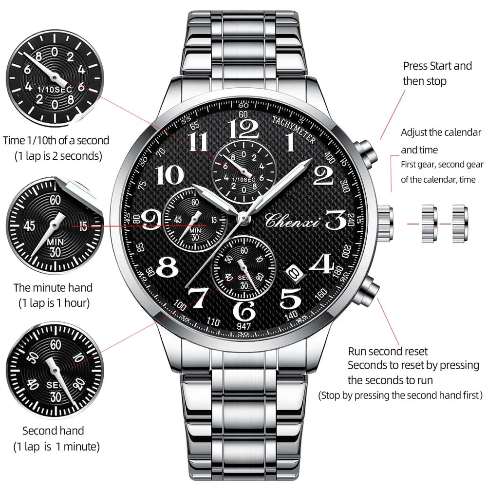 CHENXI Multifunctional Men's Watch, Real Three-Eye Six-Needle Calendar Chronograph, Stainless Steel Strap, Quartz Movement