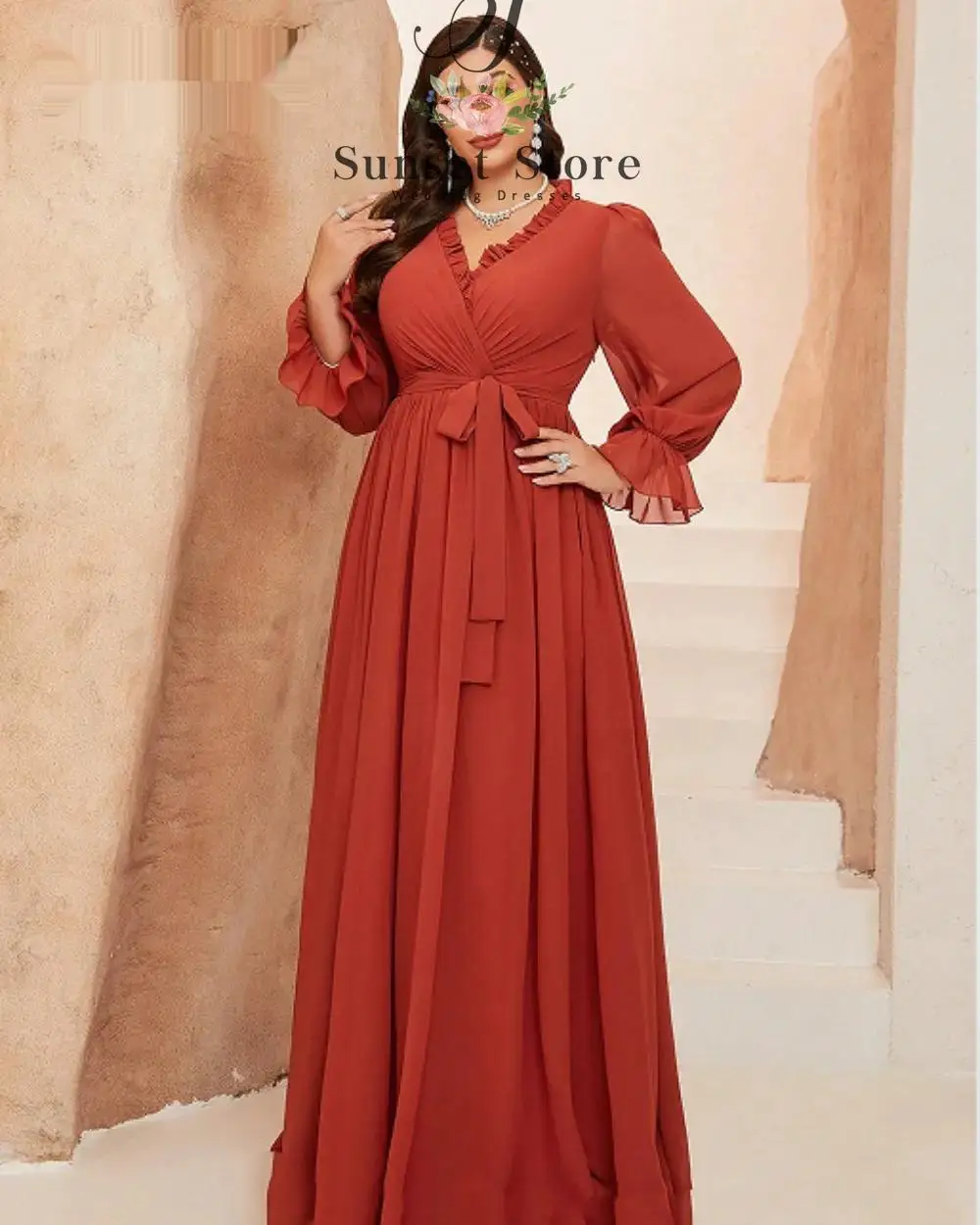 

Customized V-neck Sash A-line Evening Dress Long Sleeves Floor Length Chiffon Customized فساتين حفلة موسيقية