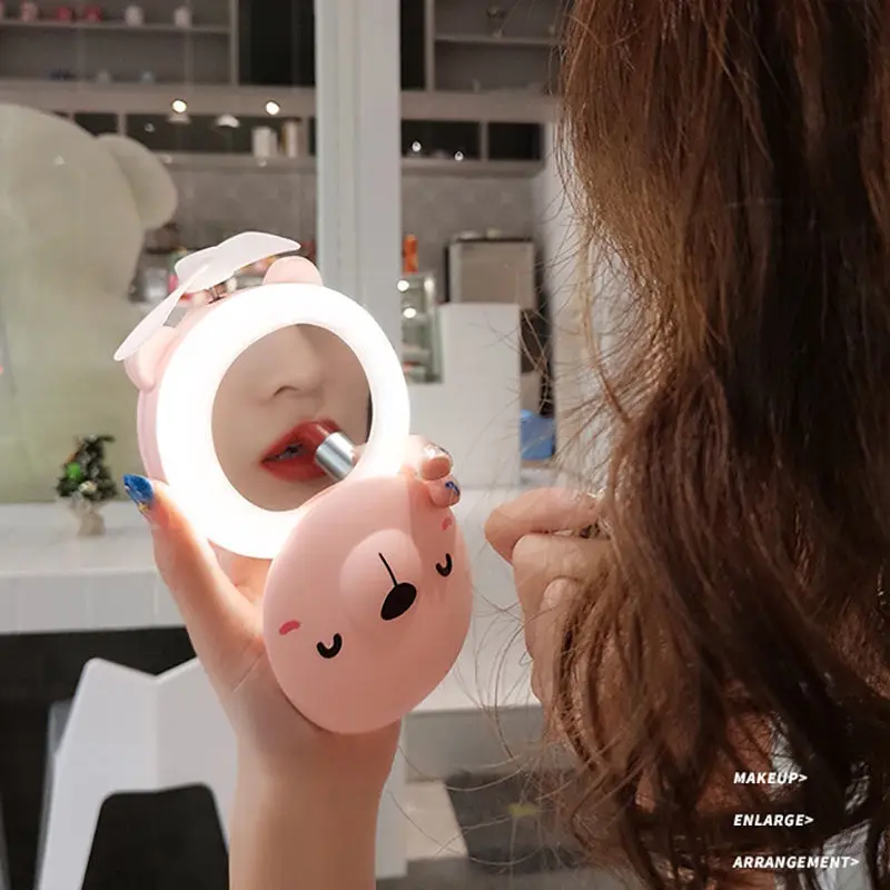 Bonito Piggy Maquiagem Espelho com Luz LED, Handheld Cosméticos Espelho com Pequeno Ventilador, Meninas Viagem Portátil Vanity Mirror, HD