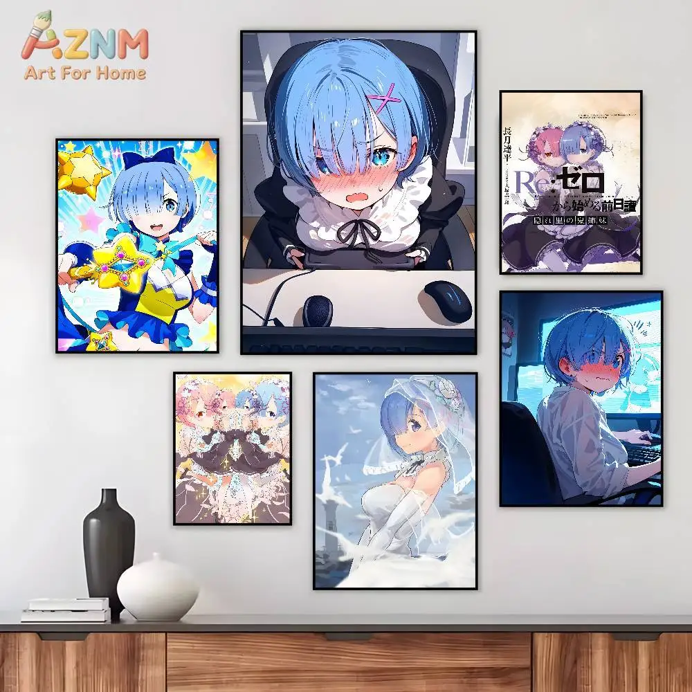 AZNM Re:Zero Rem & Ram Anime Canvas Wall Art, Cute Blue Hair Maid Print, Japanese Manga Room Decor