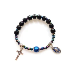 QIGO Vintage Virgin Pendant Cross Bangle Acrylic Beads Strand Bracelets For Women Men Religious Jewelry