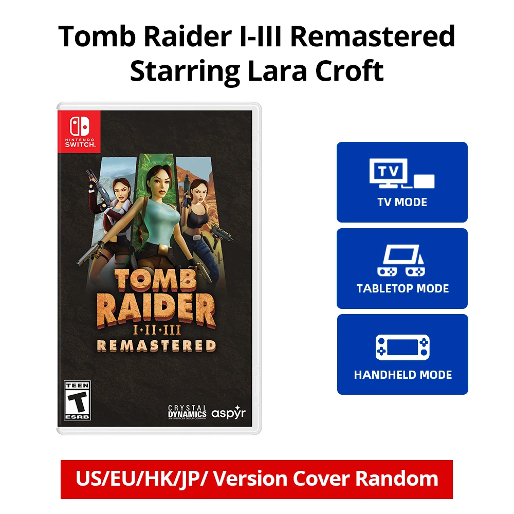 Nintendo Switch-gamekaart – Tomb Raider I-III Remastered, met Lara Croft – fysieke gamecartridge.
