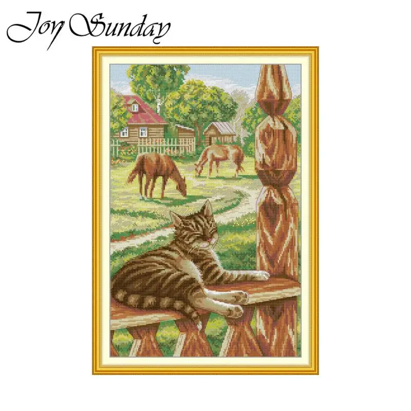 Joy Sunday Cross Stitch Kit Farm Cats HD Pattern Printed Counted Fabric Aida 16/14/11CT DIY Embroidery Sets Home Decor New Hot