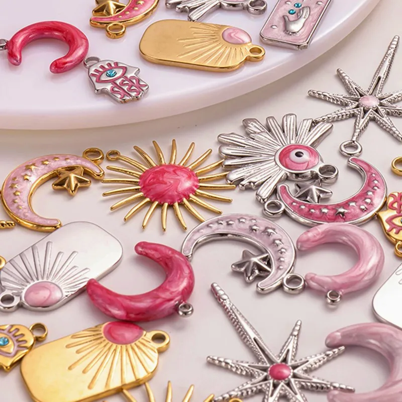 

3pcs Fashion Luna Eight-Pointed Star Sun Eye Charms Handmade Pink Drip Oil Stainless Steel Pendants For Jewelry Making Necklace