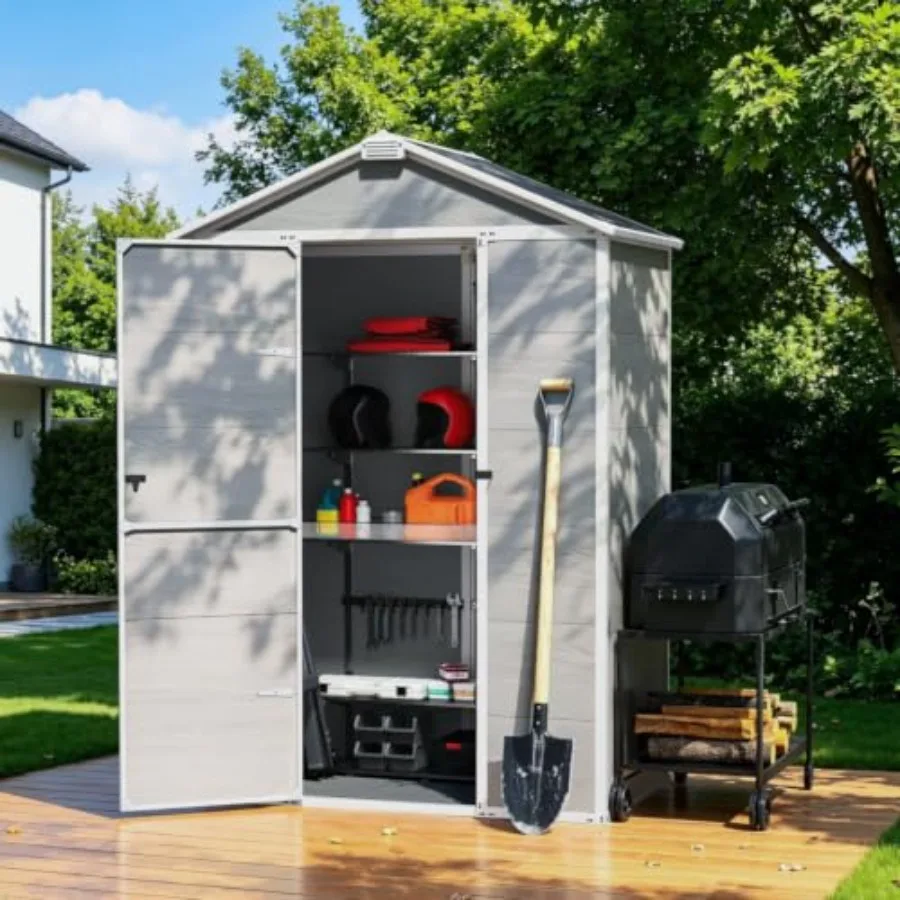 Outdoor storage shed for feet use, resin material, gray color, weather-resistant and lockable with floor and air vent