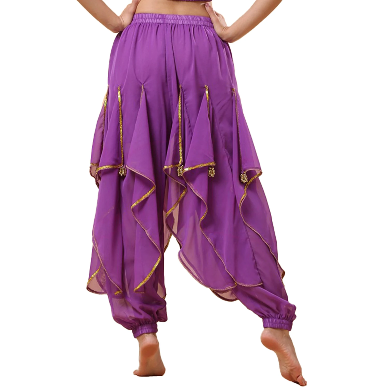 Womens Belly Dance Performance Costume Sequin Trim Pants Elastic Waistband Ruffles Trousers with Plastic Beads