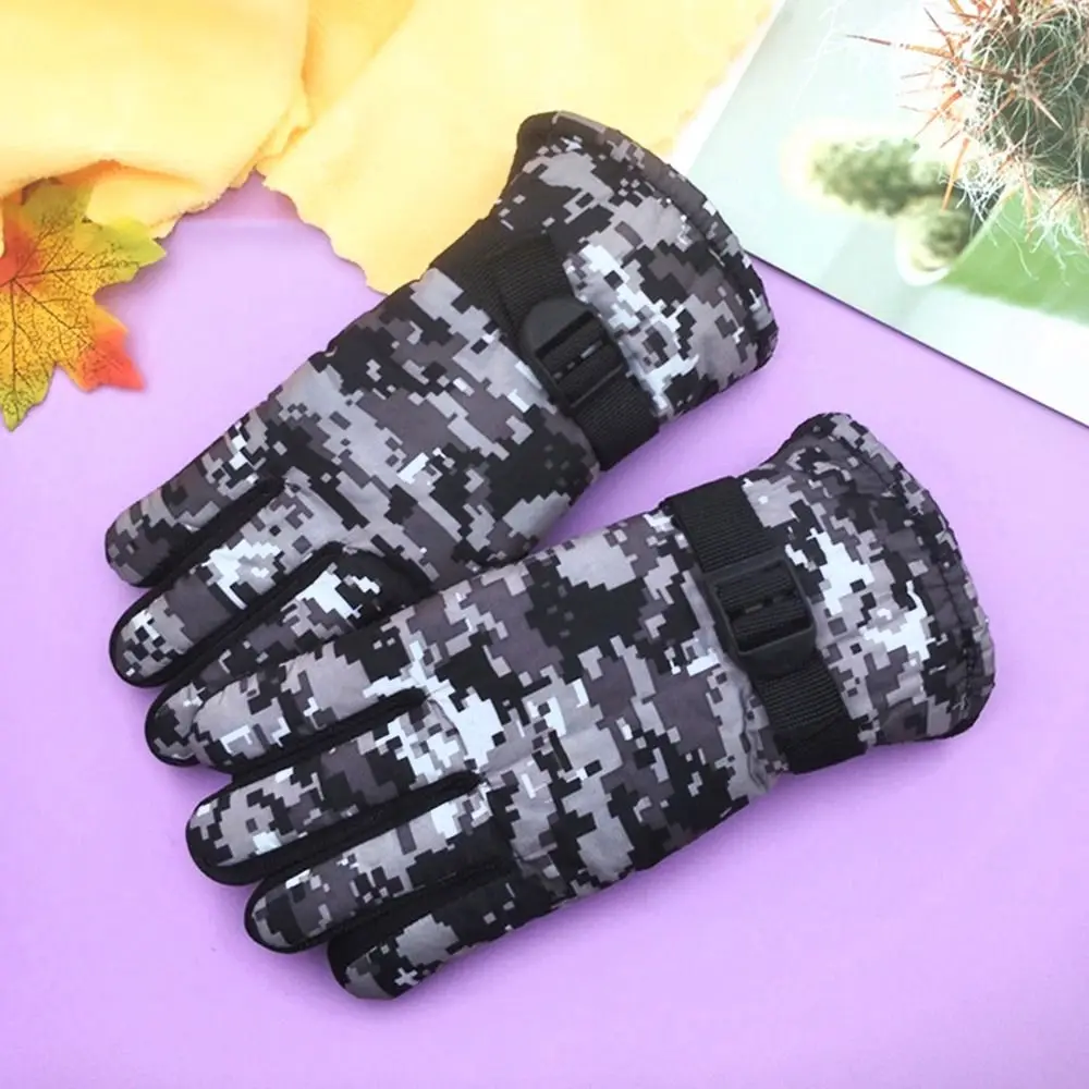 Camouflage Ski Gloves Kids Winter Thick Warm Velvet Full Finger Gloves Boys Girls Outdoor Snowboard Children 7-13 Years Old