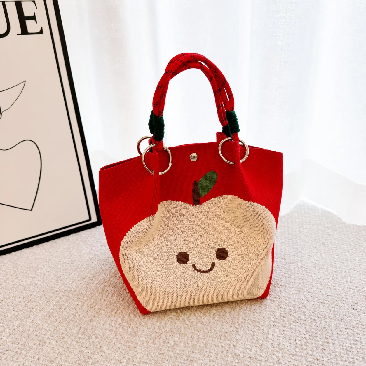 Ring Handle Bag Portable Open Top Bag Daily Commute Bag Medium Stiff Fruit Print Handbag For Personal Storage Daily Matching