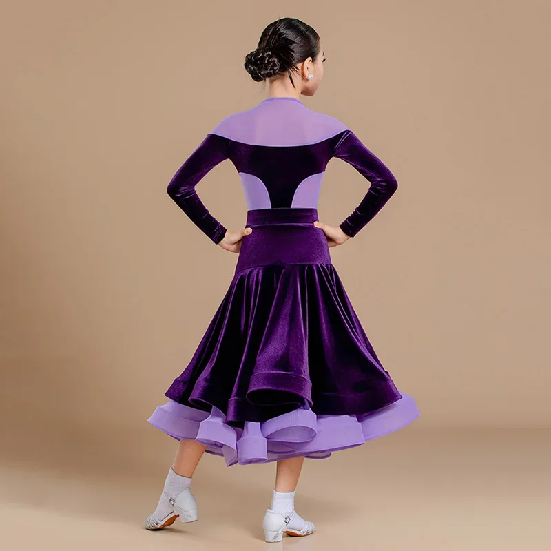 Kids Girls Velvet Mesh Waltz Ballroom Professional Costumes Long Sleeve Jumpsuit and Large Skirts Modern Dancing Clothes