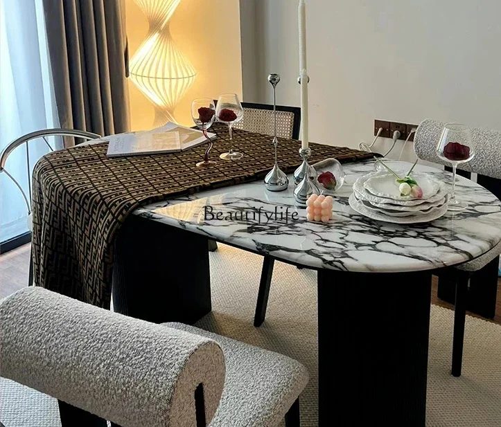 X4 Marble Stone Plate Dining Table Retro Modern Light Luxury Oval Dining Tables and Chairs Set