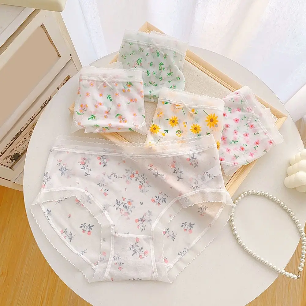 

5PCS Sweet Ultra-thin Mesh Flower Panties Seamless Underpants Transparent Floral Briefs Mid Waist Underwear for Women Girls