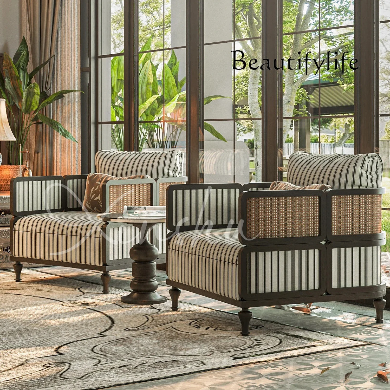 A44 French solid wood sofa fabric striped sofa lazy reading leisure chair home balcony single sofa