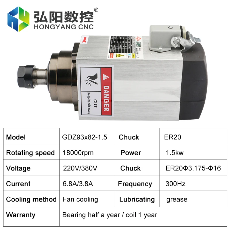 CNC แกนมอเตอร์1.5กิโลวัตต์220V/380V ที่มีหน้าแปลน Air Cooled มิลลิ่งแกน ER11/ER20สำหรับ CNC แกะสลักเราเตอร์ไม้