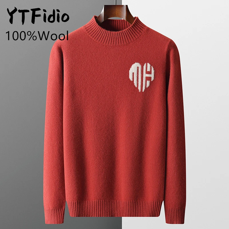 YTFidio 100%Wool Sweater Man Long Sleeve Mock Neck Casual Jumpers Warm Solid thickening Chinese heart Knitwear Pullover Tops 127