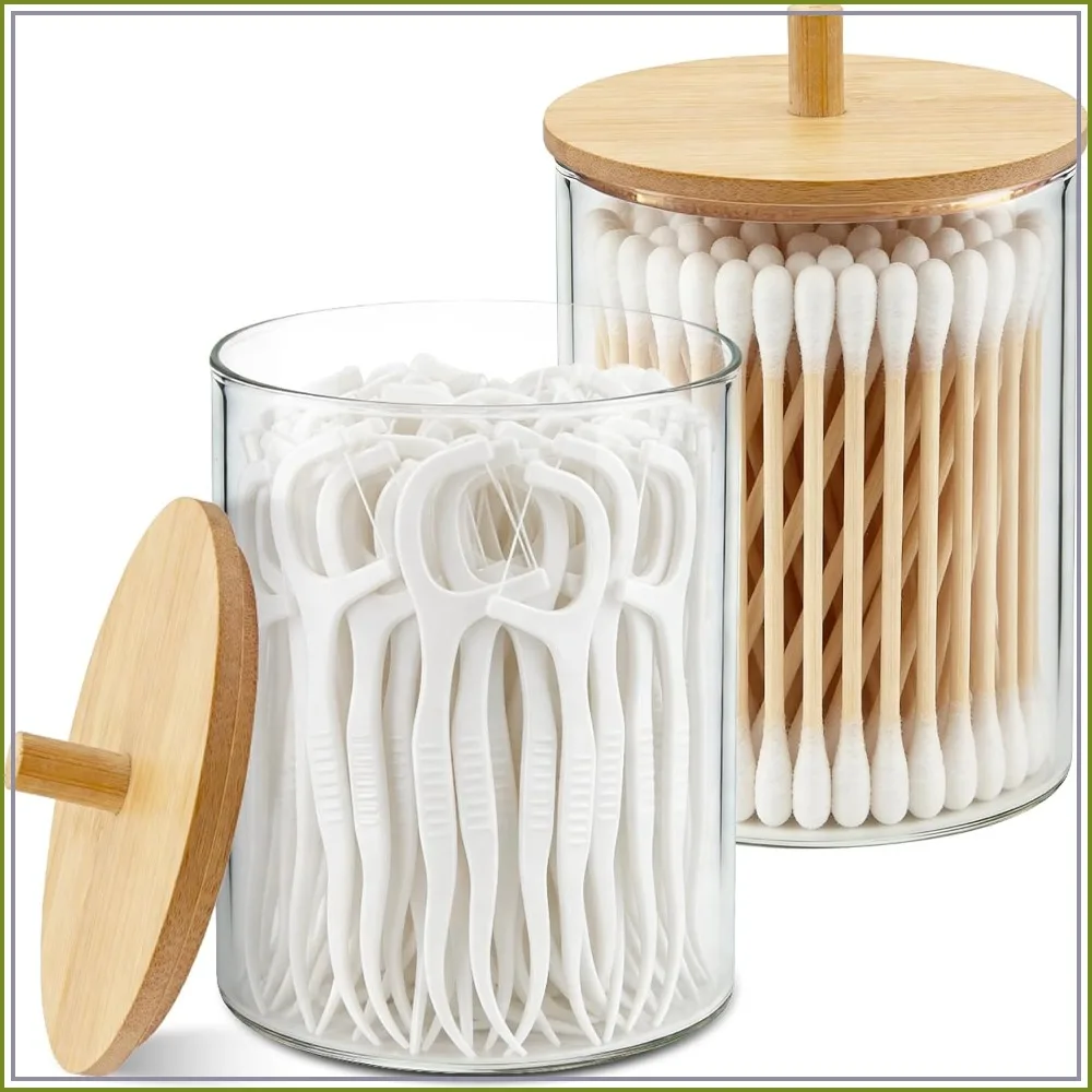 Glass Qtip Holder Dispenser Set - 10oz Cotton Swab Holder with Bamboo Lids, Bathroom Canisters Apothecary Jar Vanity Storage Organizer for Cotton Balls Pads, Floss Picks (2 Pack)